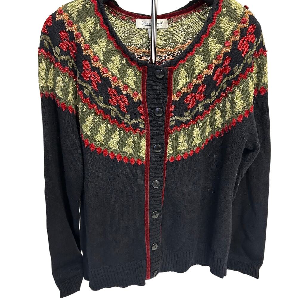 Coldwater Creek Christmas cardigan ornate red & green holiday tree pattern sz xl
